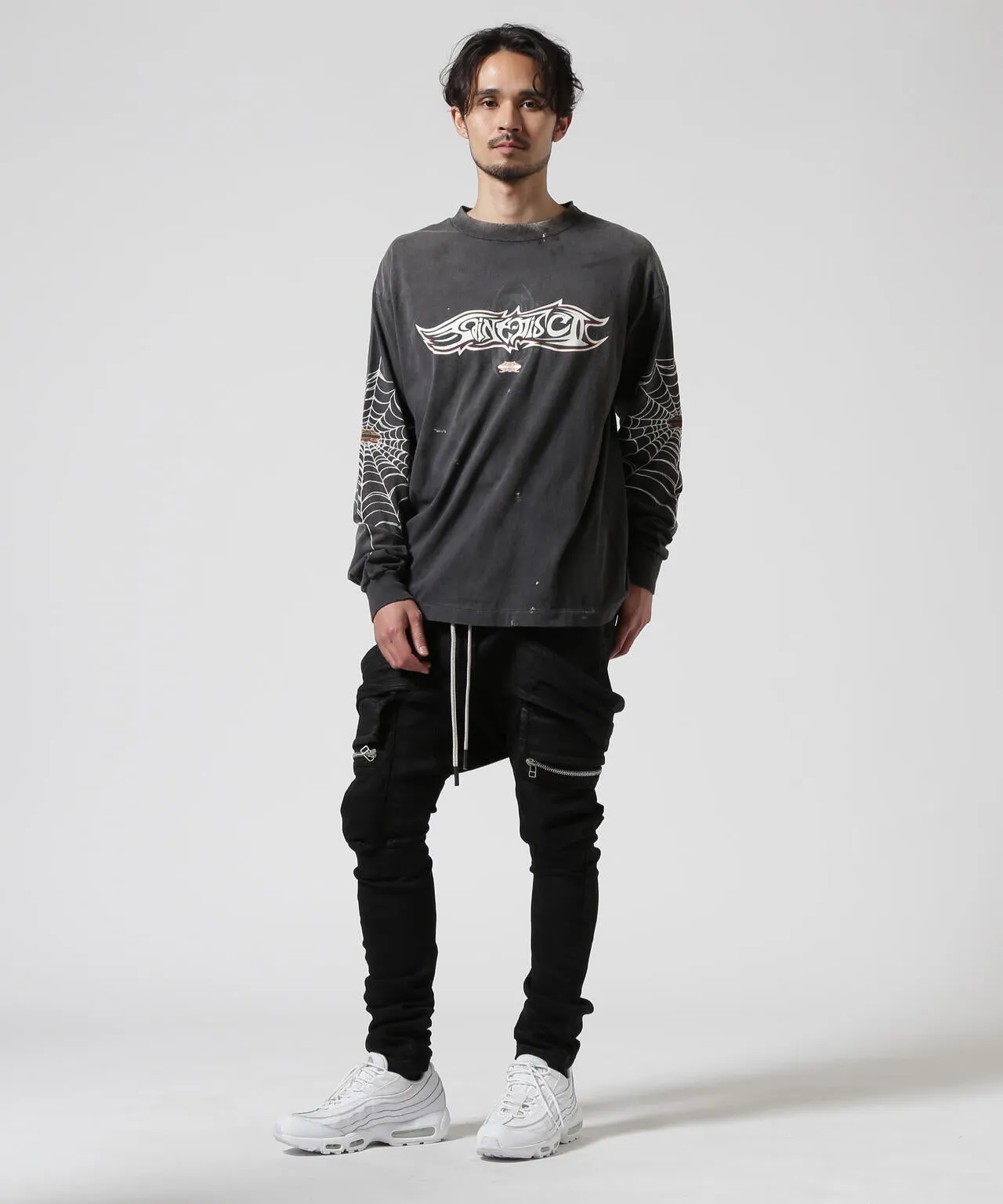 SAINT Mxxxxxx × TEFLON DISCO ML_LS TEE/INSANITY/BLK Spider Web INSANITY Distressed Long Sleeves Washed Black S-XL Ready-to-wear Assute dyeing Maliu water spray fading treatment Customized TEFLON DISCO co-branded accessories Hand-splashed ink Wormhole fraying treatment Authentic level printing process
